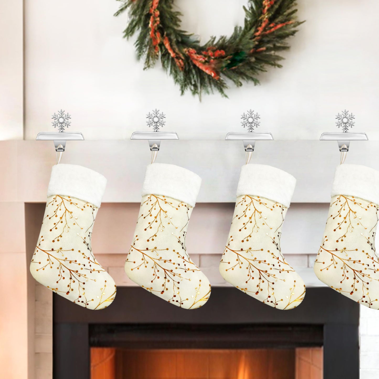 SYITCUN Stocking Holders for Mantle, 4 Pcs Weighted Christmas Stocking Holder, Magnetic Silver Snowflakes Stocking Hooks for Fireplace