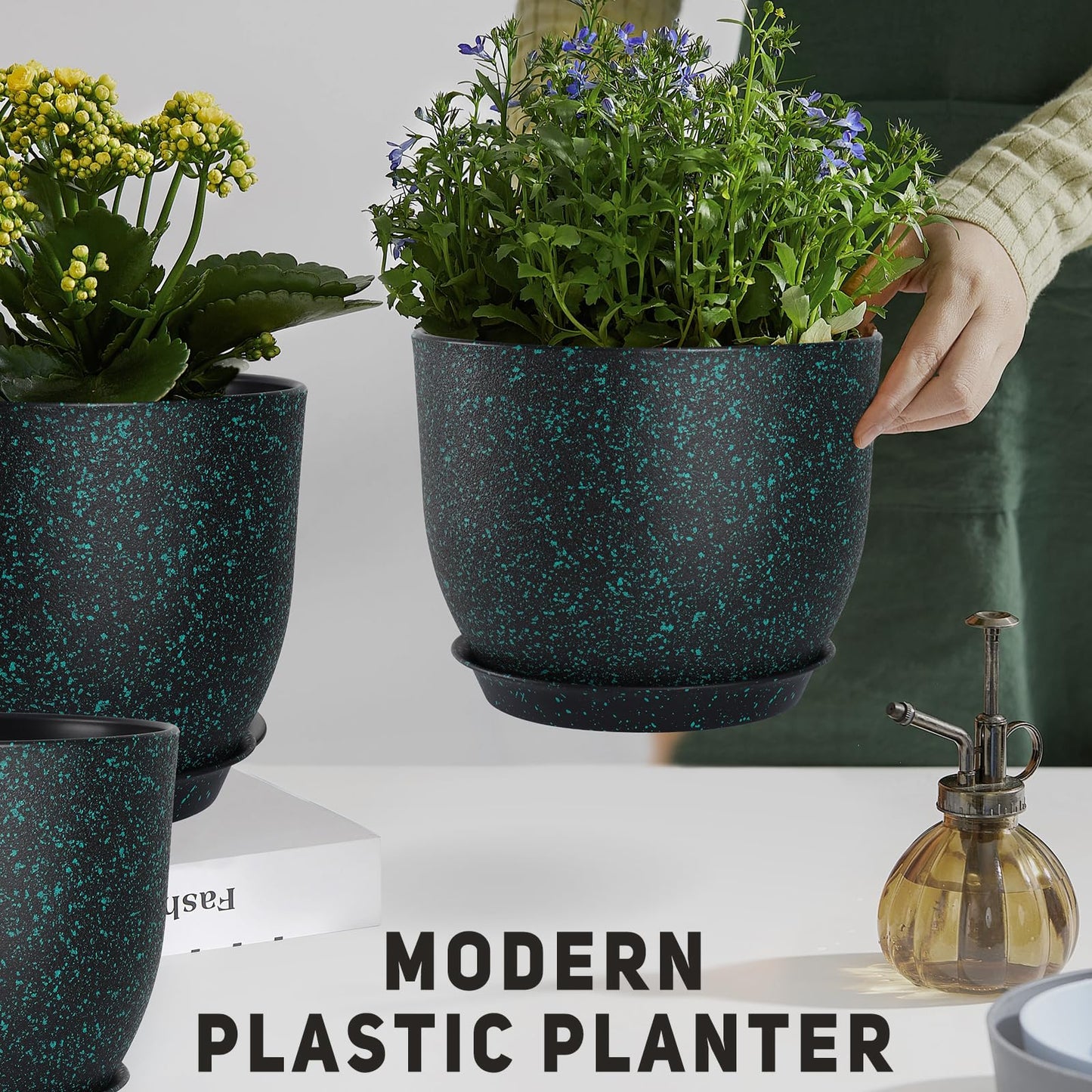 YNNICO Plant Pots 10/9/8/7.5/7 inch Set of 5,Flower Pots with Multi Mesh Drainage Holes, Large Planters for Indoor Outdoor Garden Plants and Flowers. (Green Speckles)