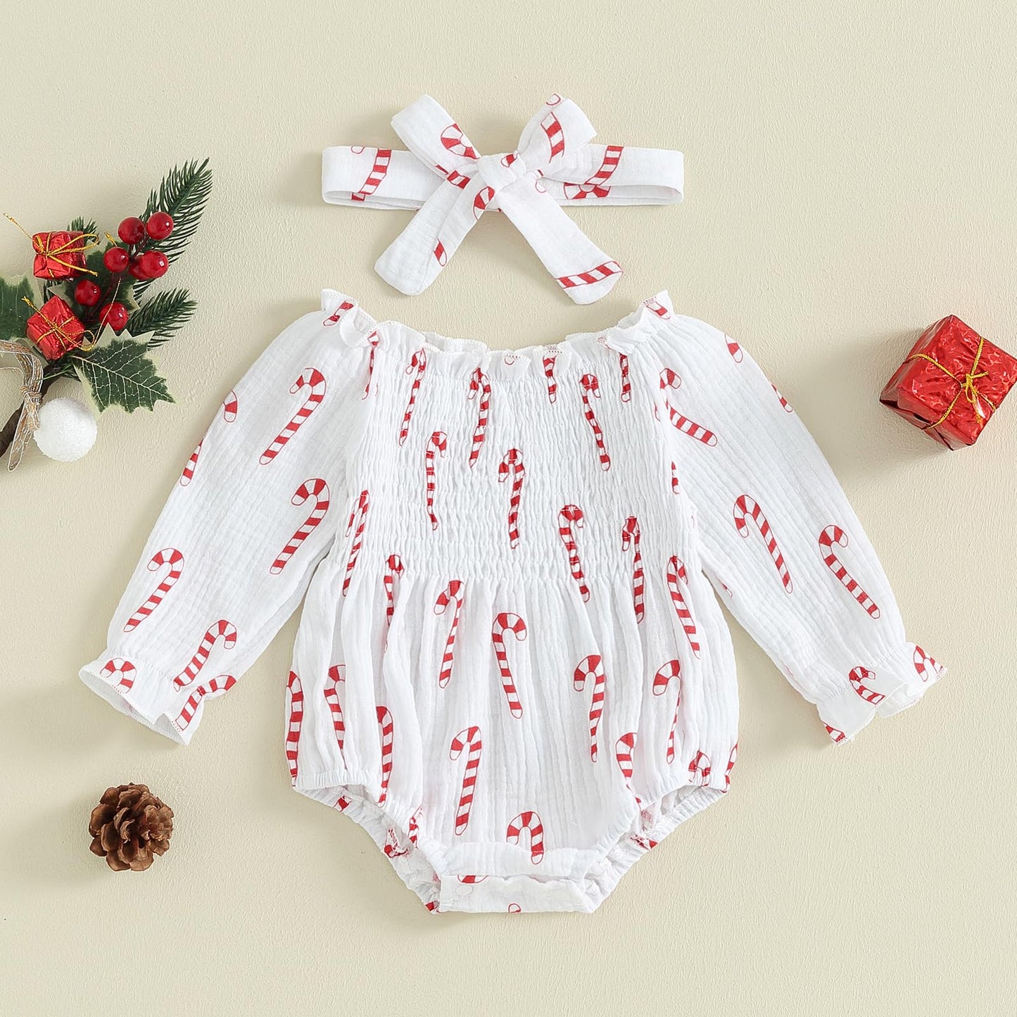 farrubbyine8 Newborn Baby Girl Outfit Cute Romper Long Sleeve Ruched Bodysuit Comfy Outfits Baby Girl Clothes (Xmas Red, 0-3 Months)