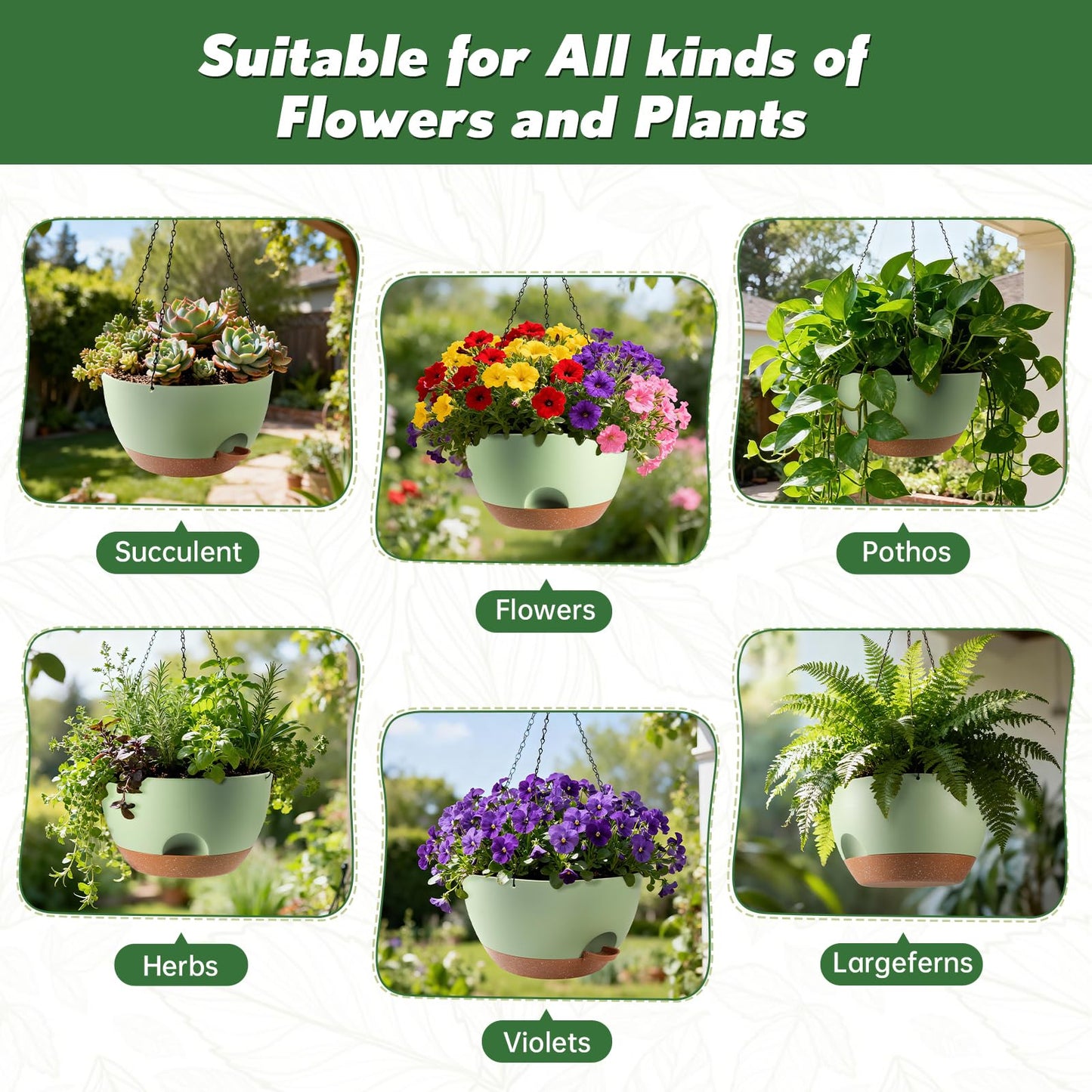 WUCEIAUU 3-Piece Set of 10-Inch Hanging Planters with Automatic Watering System and Drip Tray, Includes Metal Chain, Suitable for Various Indoor and Outdoor Plants and Flowers, Green Brown