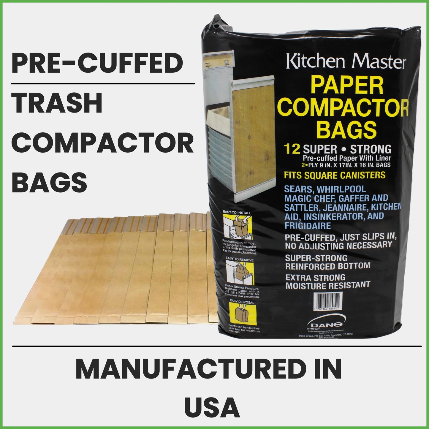 Kitchen Master Super Strong Compactor Bags (12 Pack) | Precuffed, Garbage Compactor Bags, Kitchen Liner, Paper Trash Bin Press, Kitchen Essential, Paper Garbage Press Liner