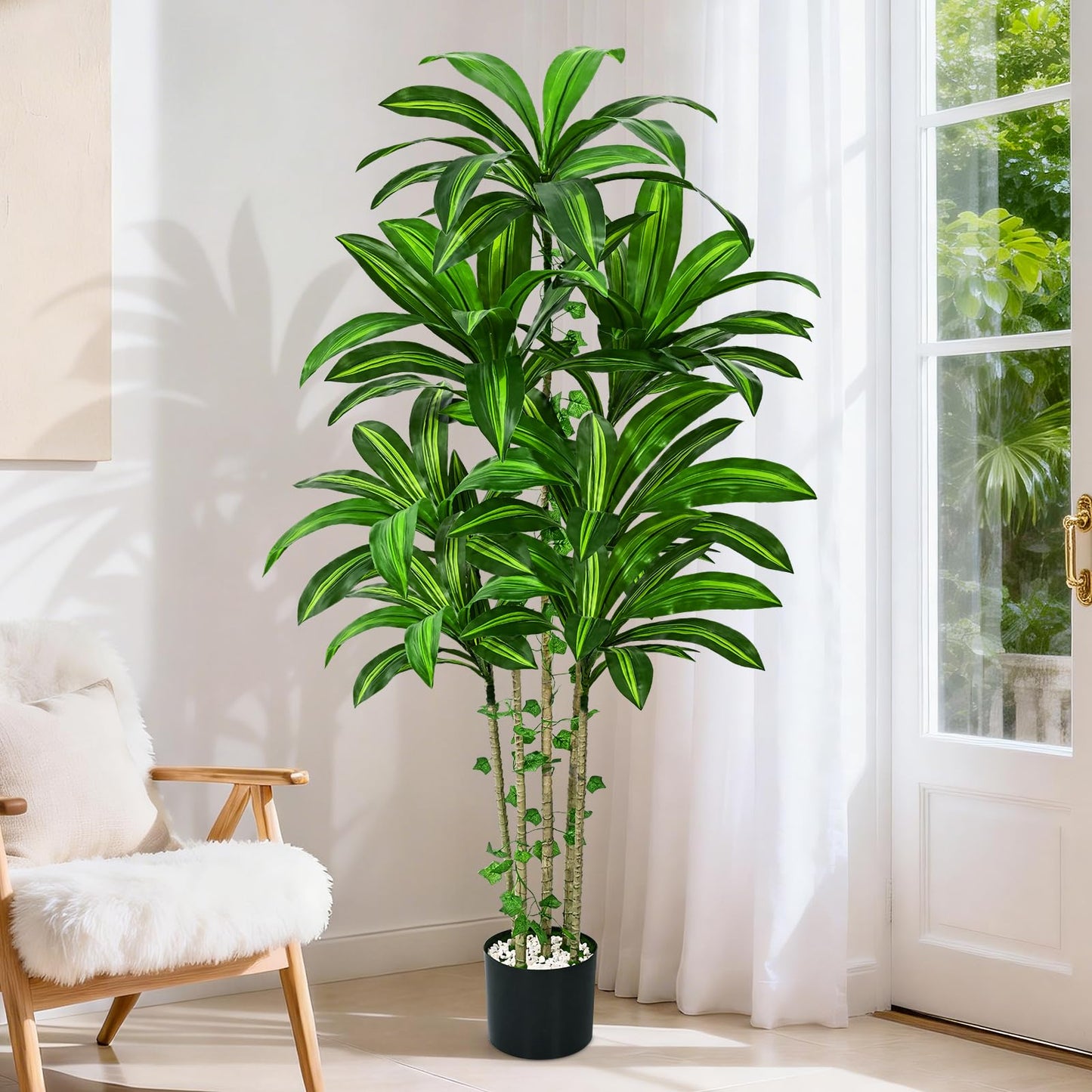 Dolicer 5FT Tall Look Real Artificial Dracaena Tree Indoor with Black Planter, Realistic Artificial Fake Faux Indoor Plants with Natural Trunk and Lifelike Leaves for Home Office Living Room