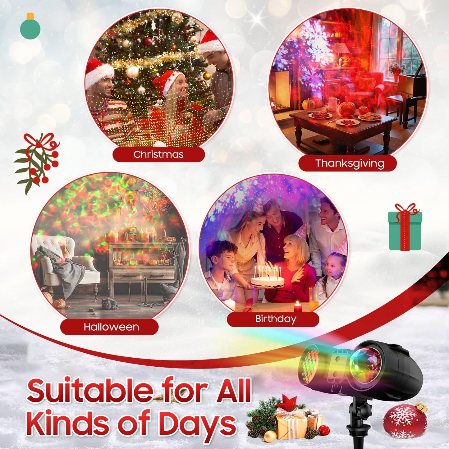 3-in-1 Christmas Projector Lights Outdoor, Holiday Light Projector with Snowfall Storm, Ocean Wave & Red Green Laser Effects, Dual Lens IP65 Waterproof Decorations w/Remote, Timer & Adjustable Speed