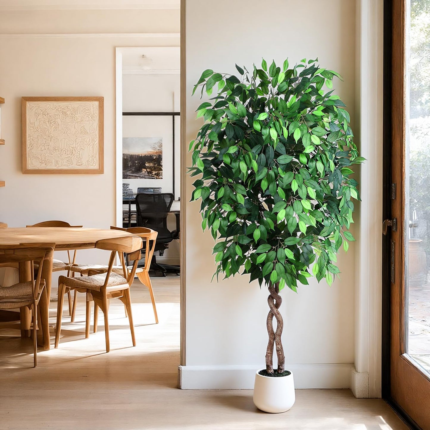 Jocoevol 6FT Artificial Ficus Tree, Tall Faux Trees Indoor with White Planter, Dried Moss, Natural Silk Leaves & Trunk, Fake Plants for Home Living Room Office Corner Decor Housewarming Gift