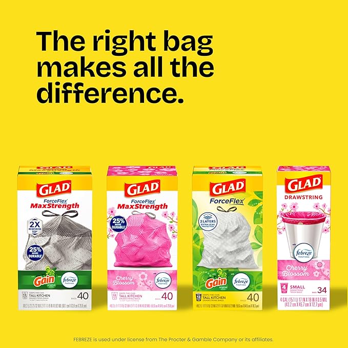 Glad ForceFlex Tall Kitchen Drawstring Trash Bags, 13 Gal, Fragrance Free