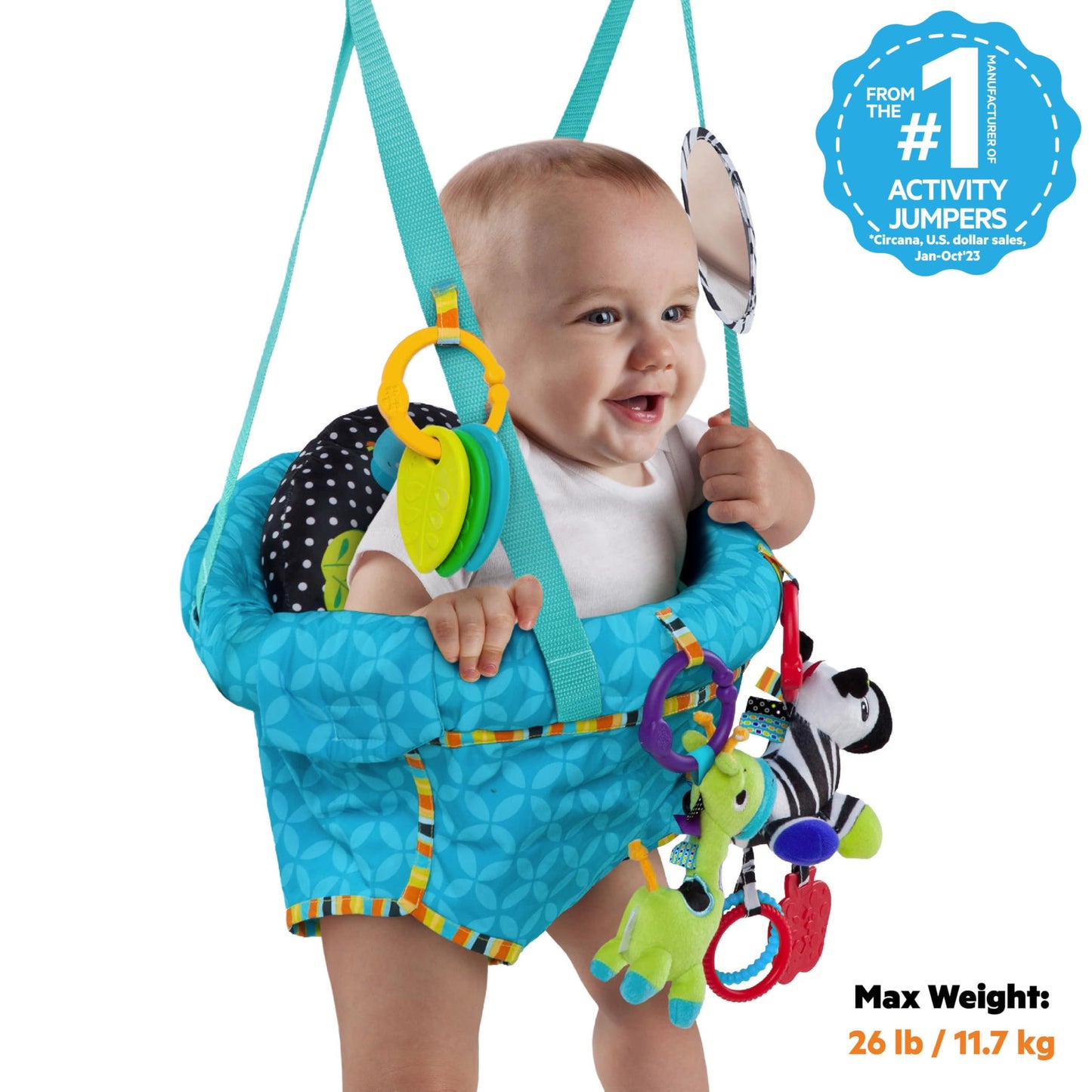 Bright Starts, Door Jumper - Bouncer 'n Spring Deluxe with Padded Seat, Door Clamp, Adjustable Strap, 4 Take-Along Toys, Ages 6 Months +