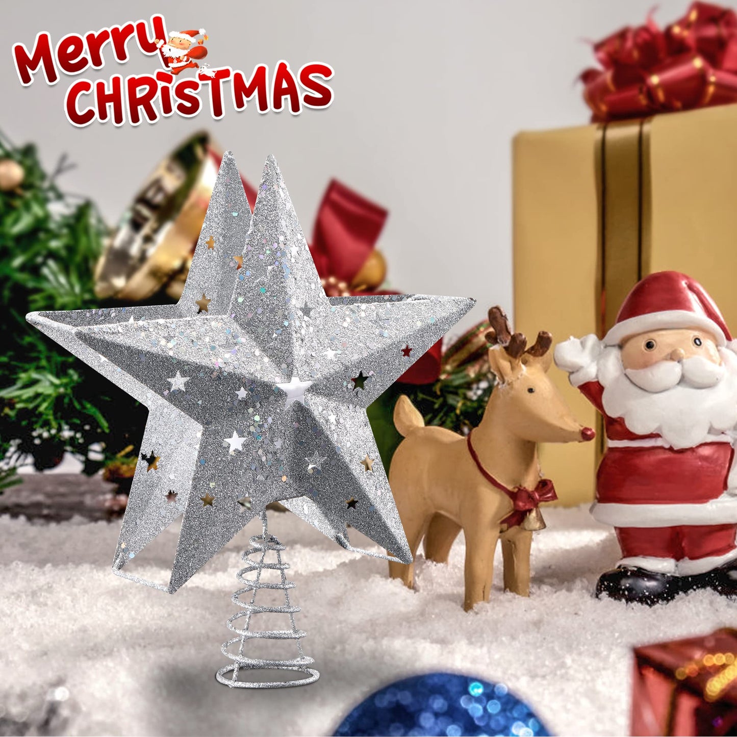 IPOW LED Snowflake Projector Star Christmas Tree Topper, 11.3 Inch Silver Glittered Star Treetop Lighted Rotating Snow Flake for Christmas New Year Holiday Decoration, Night Light Projector for Kids