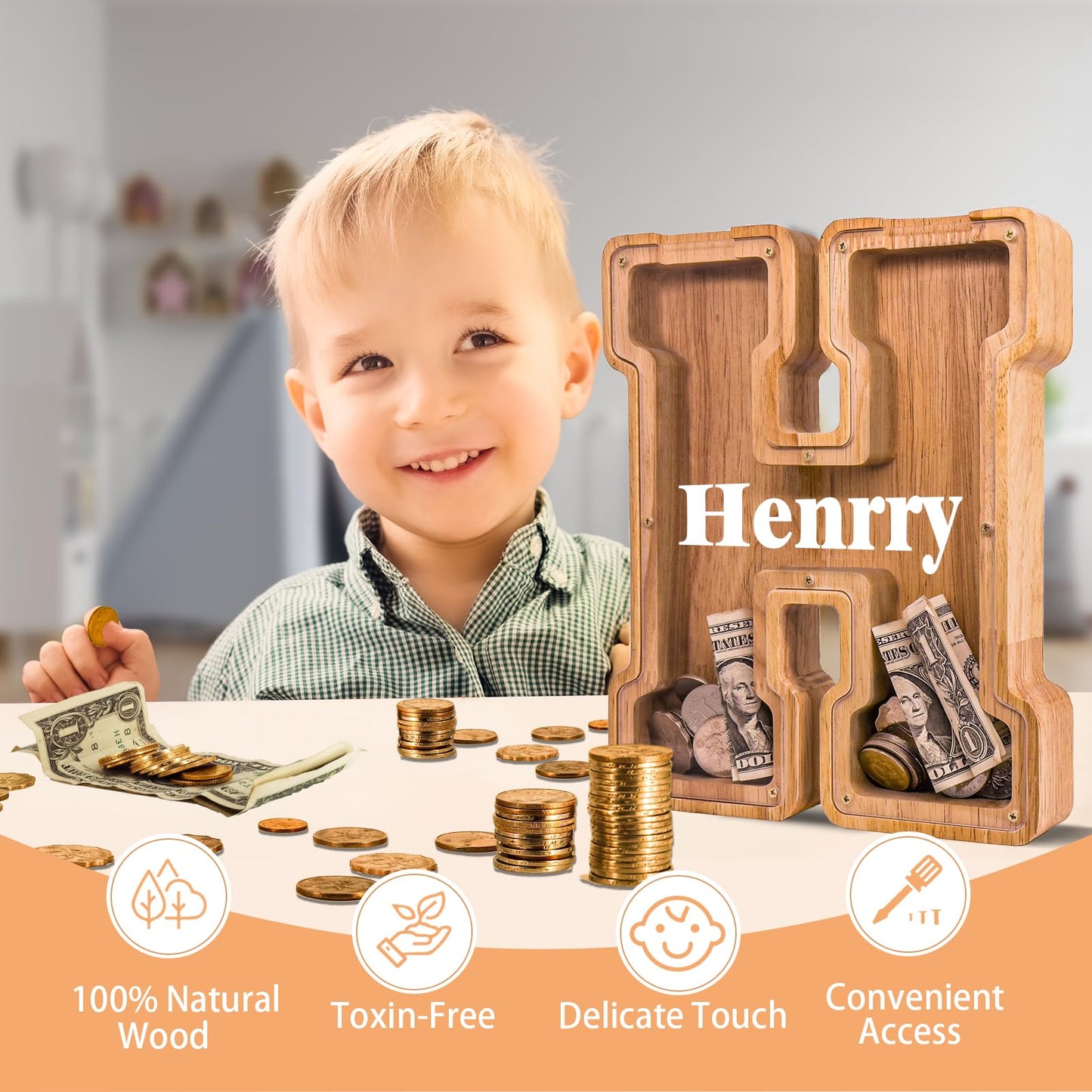 JOOMLAFLY Wooden Letter Piggy Bank for Kids - Personalized Initial Coin Bank for Boys and Girls