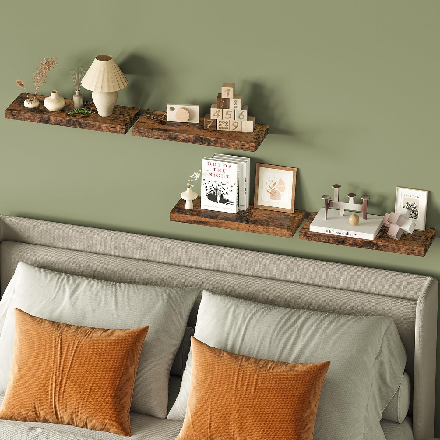 Fixwal 15.8in Floating Shelves, Rustic Wood Finish Wall Shelves Set of 4, Shelves for Wall Decor, with Invisible Brackets for Bathroom, Living Room,Bedroom and Kitchen(Rustic Brown)