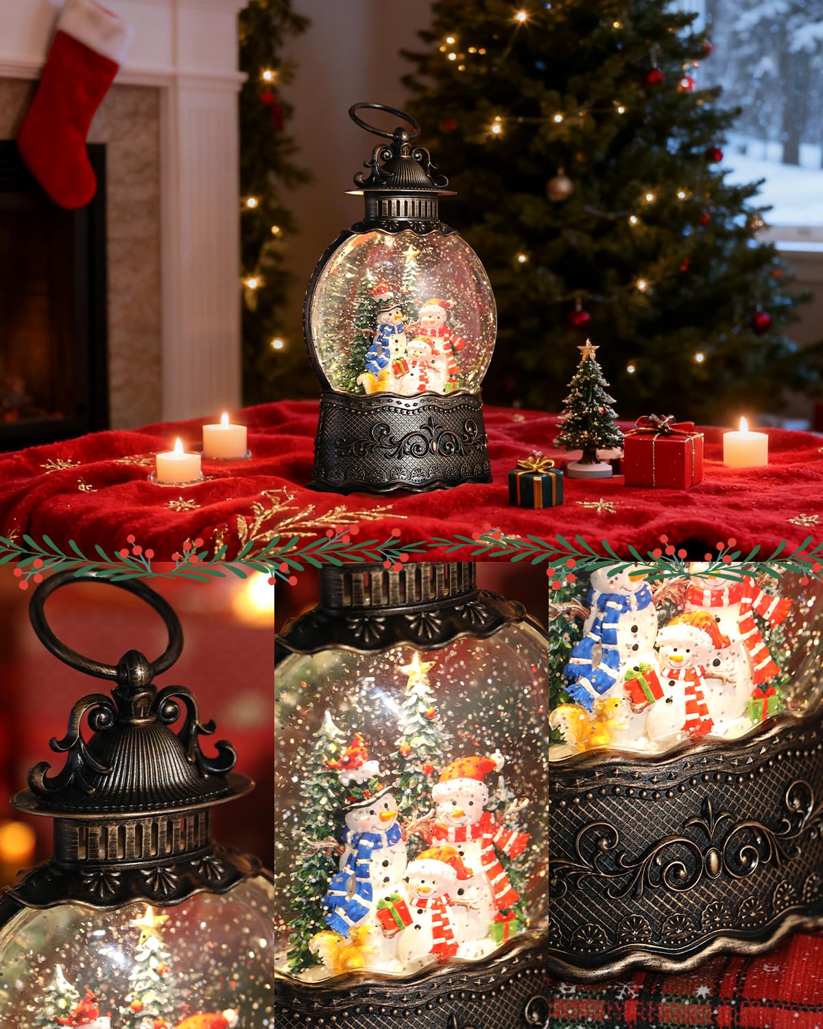 Christmas Snow Globe Lantern with Frosty Snowman Cardinals for Christmas Decorations, with Music and Lighting Features,USB or Battery Operated