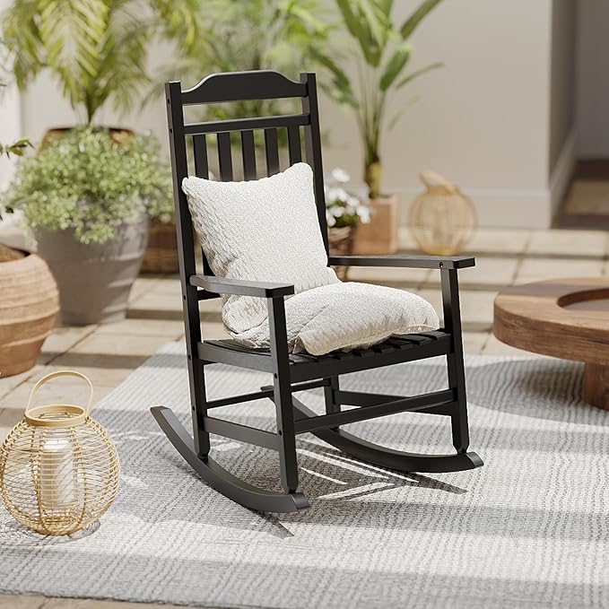 Patio Rocking Chair Outdoor Set of 1,Weather Resistant Poly Resin Oversized Porch Rocker,High Back Smooth Design,350lb Weight Capacity,Indoor Outdoor Use