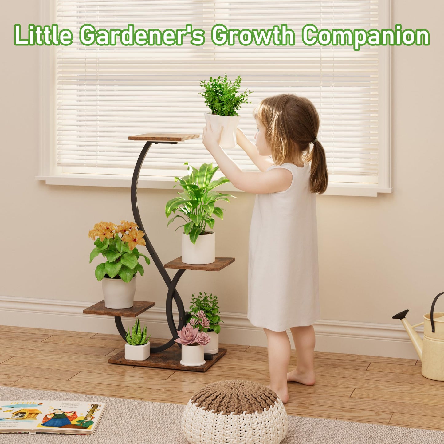 BACEKOLL Plant Stand Indoor with Grow Lights - S-Shaped Plant Shelf, Lighted Corner Plant Stands for Indoor Growing, 32" Metal Flower Holder, 4 Tiered Decorative Shelves for Home, Hallway, Black