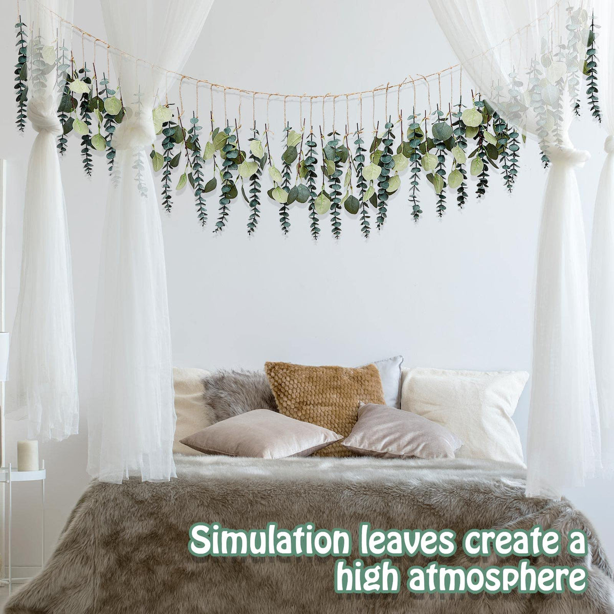 Juexica Artificial Hanging Eucalyptus Wall Decor Boho Bedroom Wall Decor with LED String Light for Home Office Farmhouse Nursery Bathroom Kitchen