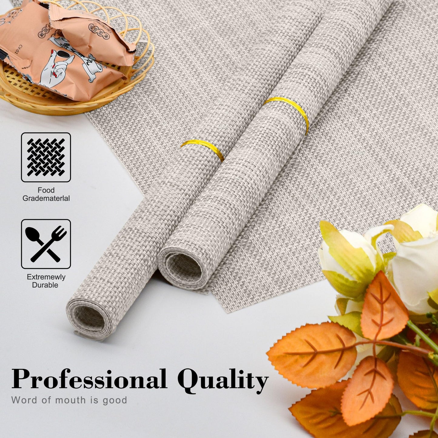 CADONO Placemats Set of 4 Washable Indoor/Outdoor Vinyl Place Mats for Dining Table Durable Non-Slip Heat Resistant PVC Weave Table Mats(Beige)