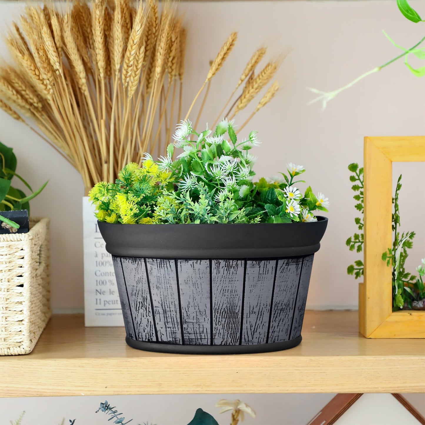 Romooa 12 Pcs Wall Hanging Planters Outdoor Wine Barrel Planter Distressed Oak Thickened Plastic Water Storage Flower Pots for Plants Flower Indoor Outdoor Railing Fence (Black,10 Inch)