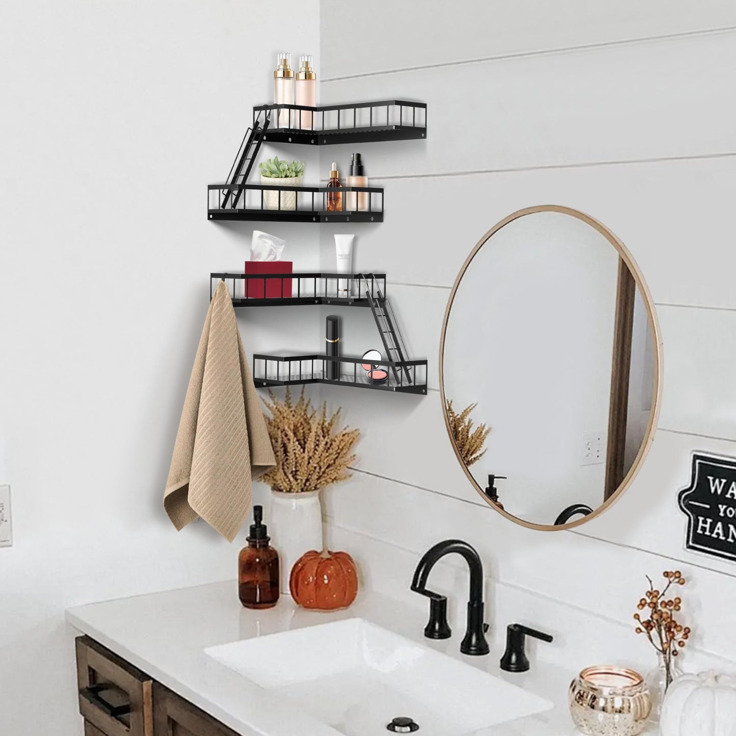BRLBZXJY Fire Escape Wall Shelf, Modern City Style Corner Wall Shelves, Trinket Figurine Display Knick Knack Shelf Easy to Install, for Bathroom, Living Room & Home Decor, Black 4-Tier