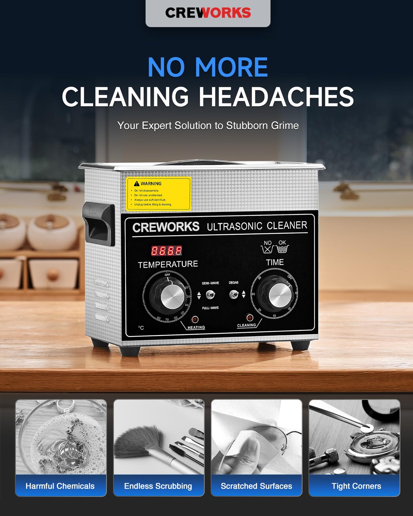 CREWORKS 3L Ultrasonic Cleaner with Heater and Timer, 120W Stainless Steel Ultrasonic Cleaning Machine with Degas & Gentle Modes, Ultrasound Washing Machine for Jewelry Glasses