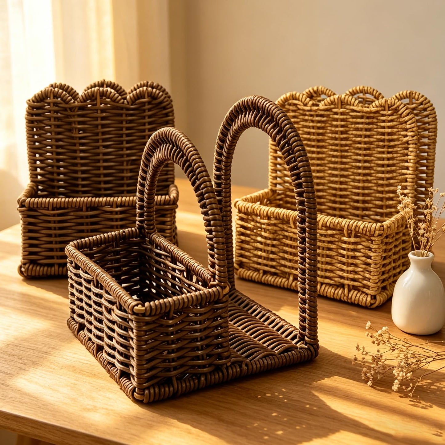 Plastic Rattan Napkin Holder with Salt and Pepper Shakers Holder for Table, Kitchen countertop Organizer - Multi-Functional Storage(Without Salt, Pepper Shakers & Napkins)