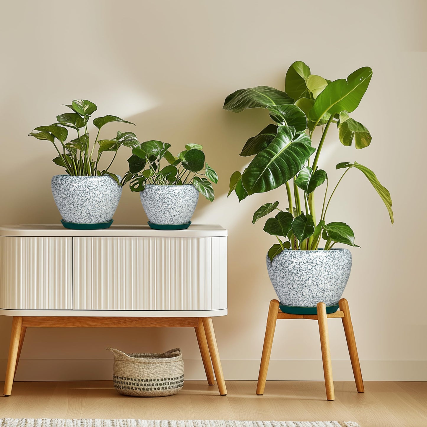 Thirtypot Ceramic Plant Pot - 6 Inch Planters for Indoor Plants, Round Succulent Pots with Drainage Hole and Saucer, Modern Decorative Plant Pots, Bathroom Decor, House Warming Gifts, Crackle Green