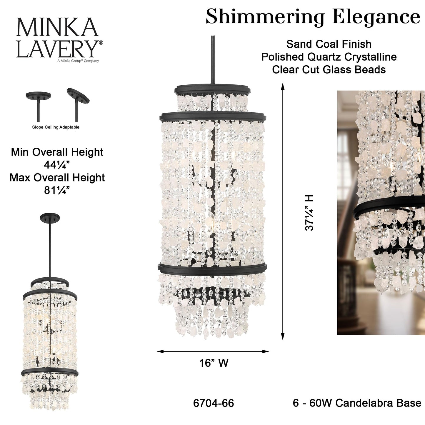 Minka Lavery 6704-66 Shimmering Elegance Quartz Crystalline Foyer Pendant Ceiling Light, 6-Light 360 Total Watts, 37" H x 16" W, Sand Coal
