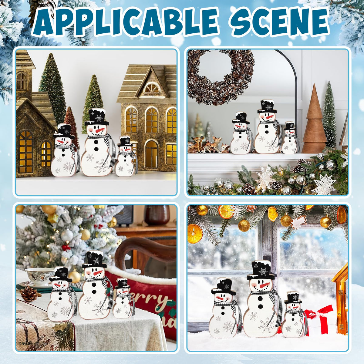 3 Pcs Christmas Snowman Table Decor Wooden Snowman Tables Centerpieces Block Winter Wood Tabletop Sign Rustic Merry Xmas Decorations Indoor for Tiered Tray Office Desk Shelf Home Mantel Holiday Party