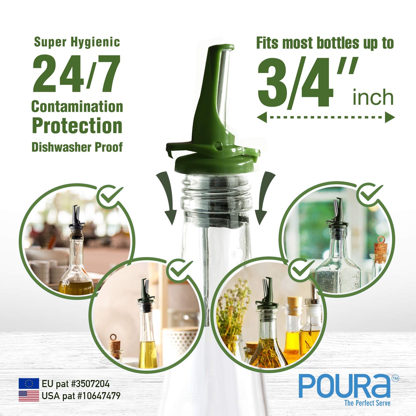 AIRTIGHT Olive Oil Pour Spout for Olive Oil Dispenser - UK Patented Oil Pourer - Hygienic One Handed Open Close Mechanism Keeps Oil Fresh. Dust Caps Cover | Screens Alternative - Green 2 PCs