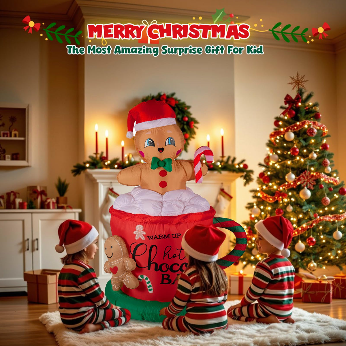 KISSUNY 6.5FT Giant Inflatable Gingerbread Man with LED Lights, All-Weather Outdoor Christmas Decoration, Hot Chocolate Mug Yard Decor