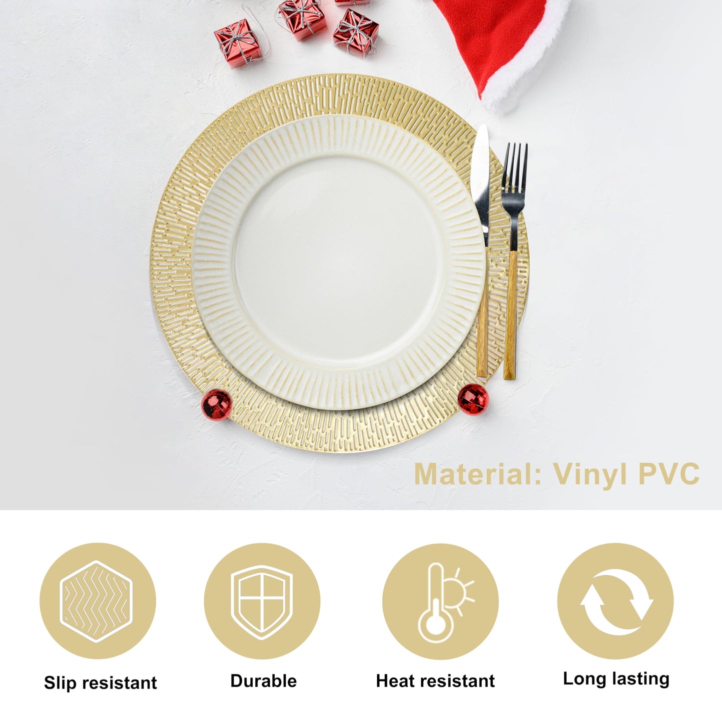 Snowkingdom Gold Round Placemats Set of 4, Golden Vinyl Metallic Hollow 15 Inch Place mats, Washable Easy Clean Wipeable Non Slip Stain Heat Resistant Dining Table Mats for Wedding Party Decoration