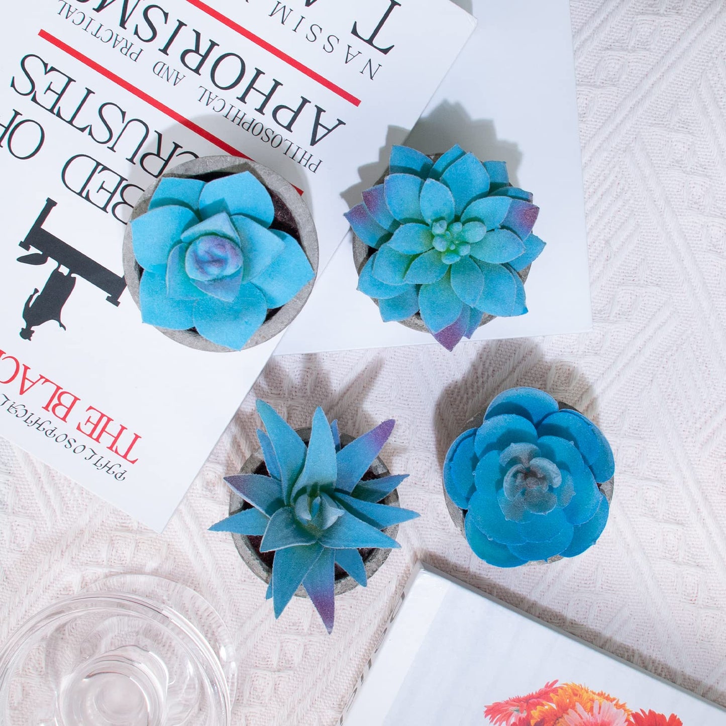 LUZOGA Set of 4 Blue Fake Succulents Potted, Mini Succulents Plants Indoor, Blue Decor Small fakeplants for Shelves Home Office Table Bathroom Bedroom Kitchen Desk Decor Shelf Decor