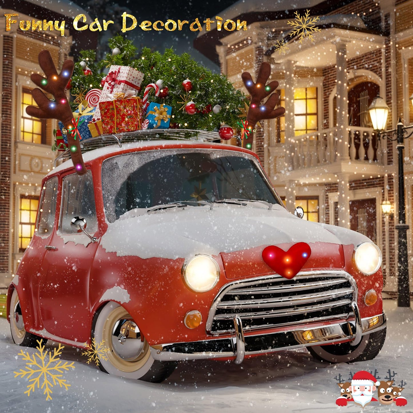 2 Pieces Car Reindeer Antler Kit Christmas Decorations with LED Lights Hanging Santa Claus Legs and Deer Nose Star Candy Canes Auto Accessories for Christmas Car Decorations(Striped Style)