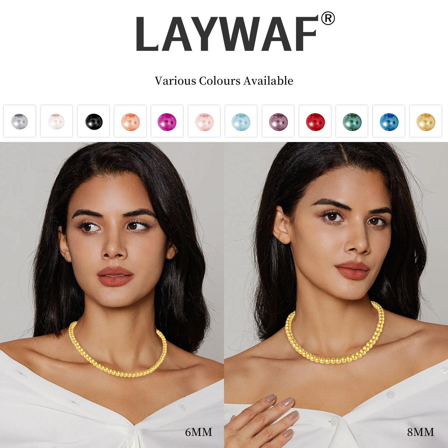 LAYWAF Imitation Pearl Necklace for Women Mom Wedding Bride, Fake Pearl Choker Yellow Necklace, 8MM Beaded Necklace, Simple Faux Pearls Jewelry, Costume Pearl Accessories