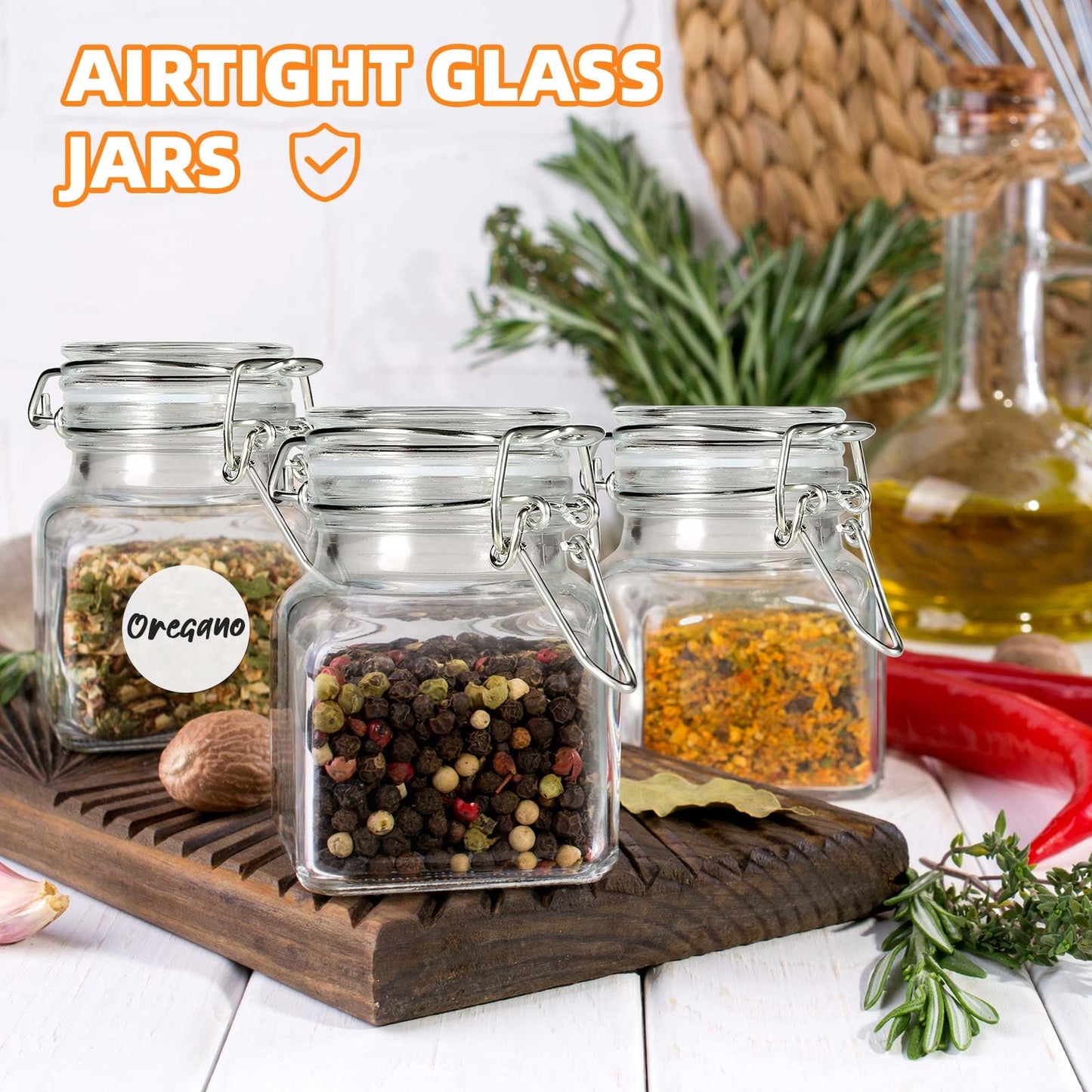 SKOCHE Spice Jars 20 Pack Small 4 oz Glass Jars with Airtight Hinged Lids, Spice Herb Jars with Labels and Silicone Funnels, 4oz Glass Jars with Lids Ideal for Spice Herbs