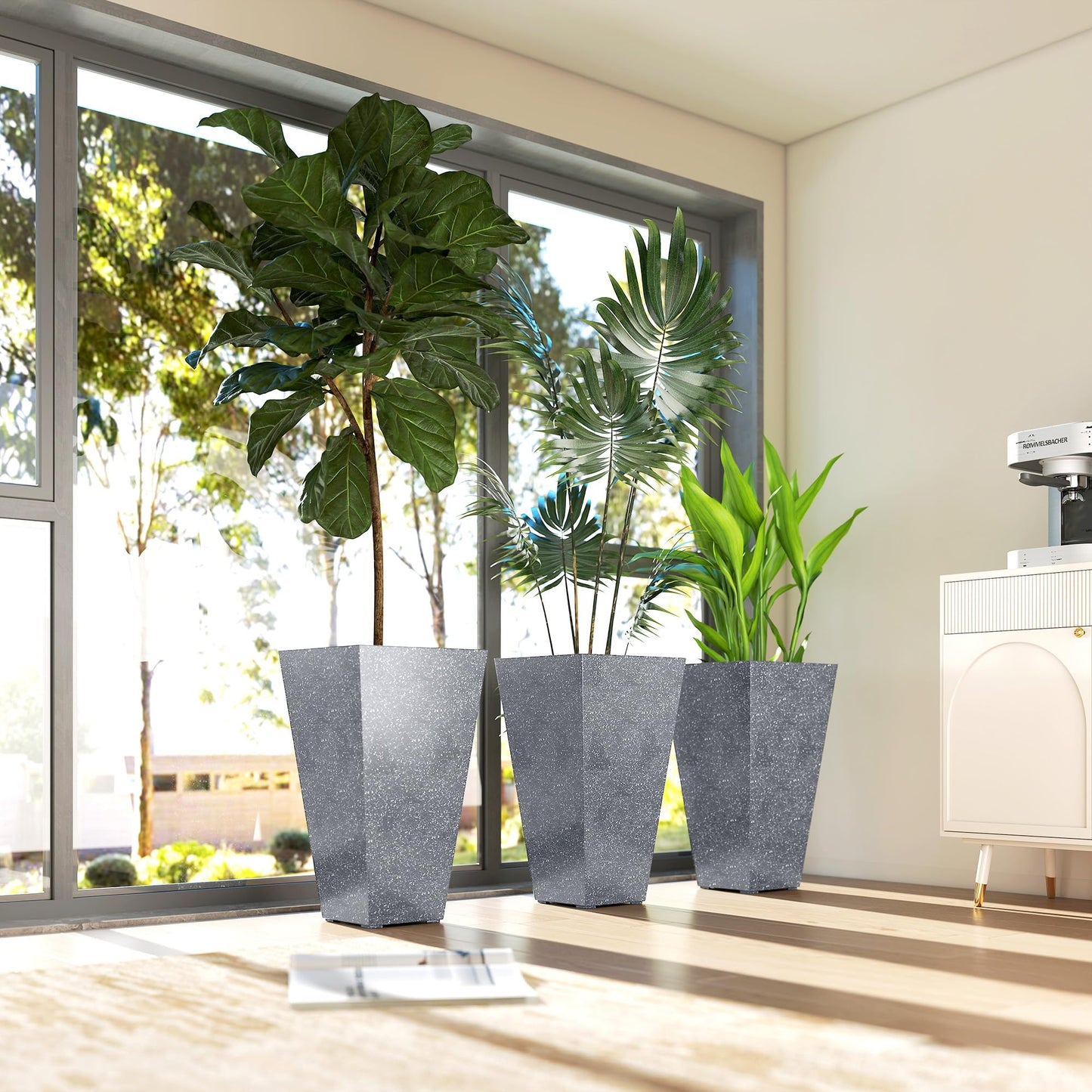 Outsunny 28 Inch Tall Planters for Outdoor Plants, Set of 3 Plastic Flower Pots with Marble Finish and Drainage Holes, Stackable Tapered Large Planters for Indoor Plants, Front Porch Decor, Gray