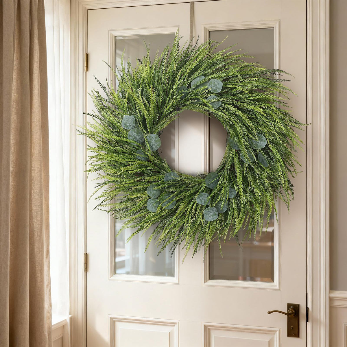 26" Artificial Saw Grass Wreath for Front Door, Lifelike Faux Saw Grass Wreath with Fake Eucalyptus Spring Summer Greenery for Wall Window Fireplace Farmhouse Home Outside Decoration