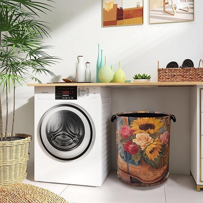 Cowboy Boots Laundry Basket, Wooden Sunflowers Foldable Oxford Cloth Tote Bag
