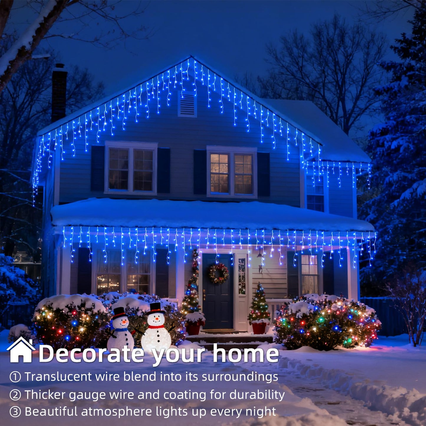 BYIZO Christmas Outdoor Icicle Lights - 200 LED 21+16 FT 8 Modes Curtain Fairy String Light Plug in, Waterproof for Eaves Yard Holiday Xmas Holiday Indoor Outdoor Decoration - Blue