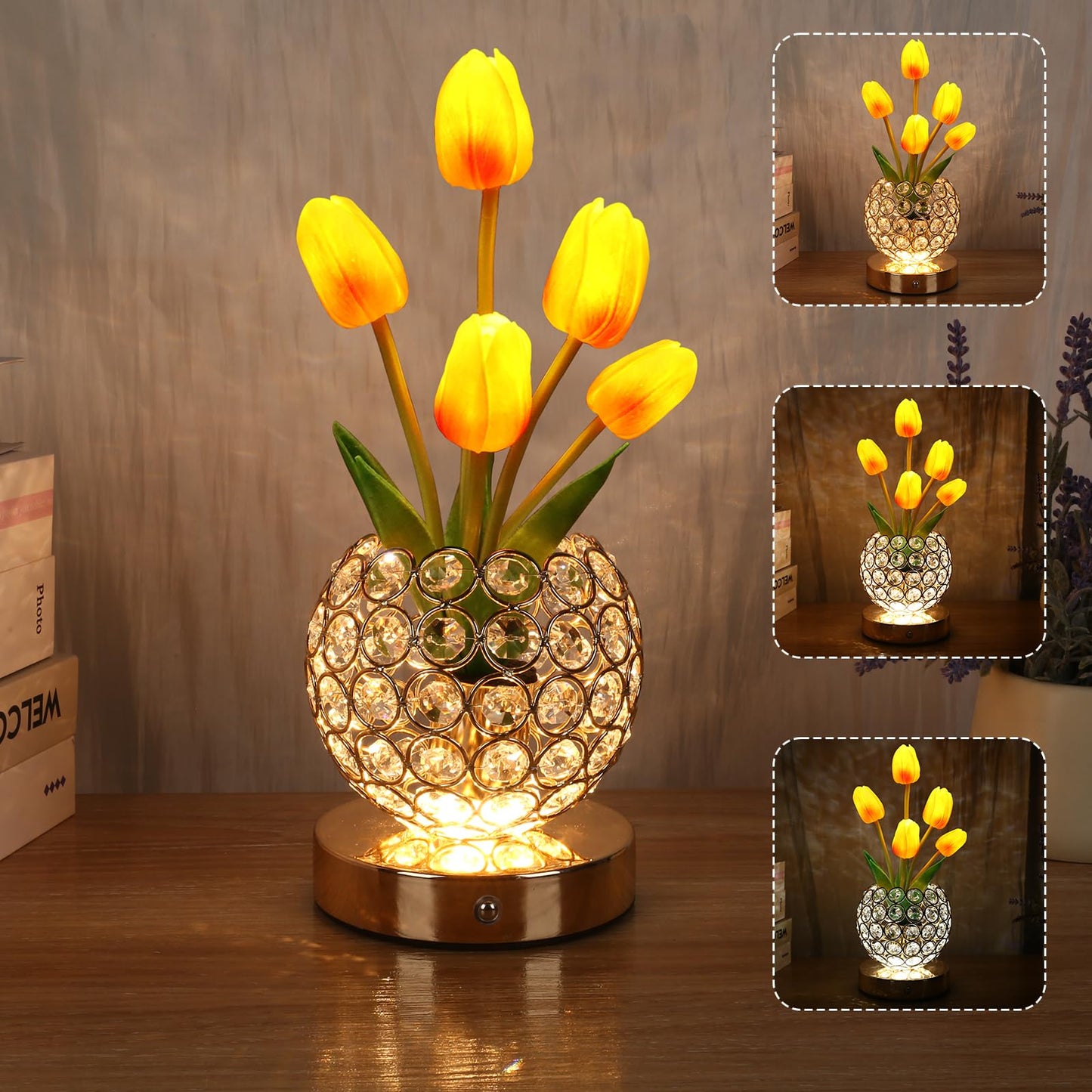 Birthday Gifts for Women Mothers Day Gifts For Mom Table Lamp, 3 Color Crystal Flower Bedside Lamps Infinitely Dimming with USB Charge Small Night Light,Nightstand Touch Lamp for Bedroom (gold-tulip)