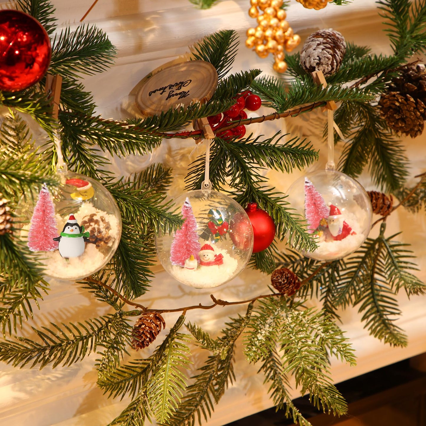 96 Pcs Miniature Ornaments for Snow Globe Kit DIY Christmas Village Decoration Christmas Figurines Mini Ornaments with Snowman Reindeer Santa Claus Snowflake(Pink)