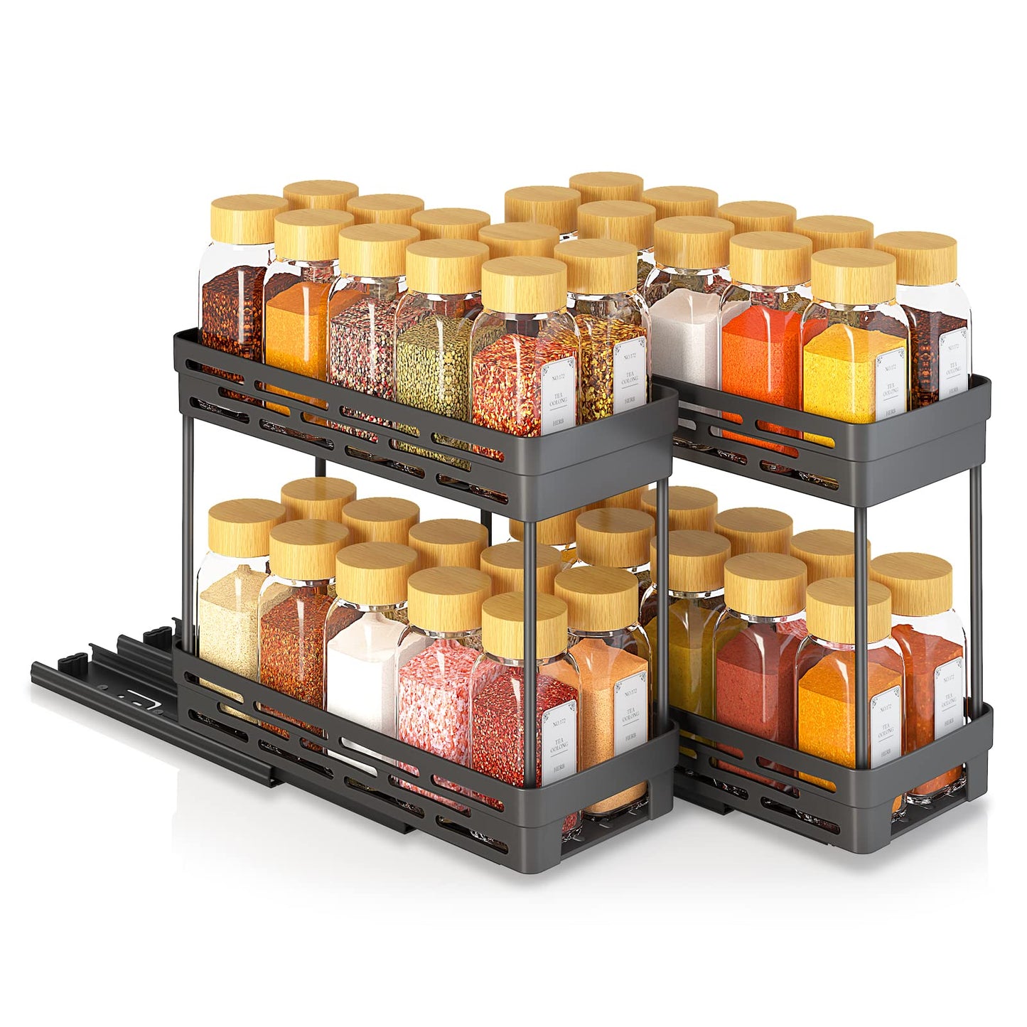 2 Pack Pull Out Spice Rack Organizer for Cabinet, Slide Out Spice Racks Organizer, Spice Cabinet Organizers, Cabinet Size Need:12'' Highx11'' Deepx5'' Wide,Hold 10 Spice Jar Each Tier-2Tier, Black