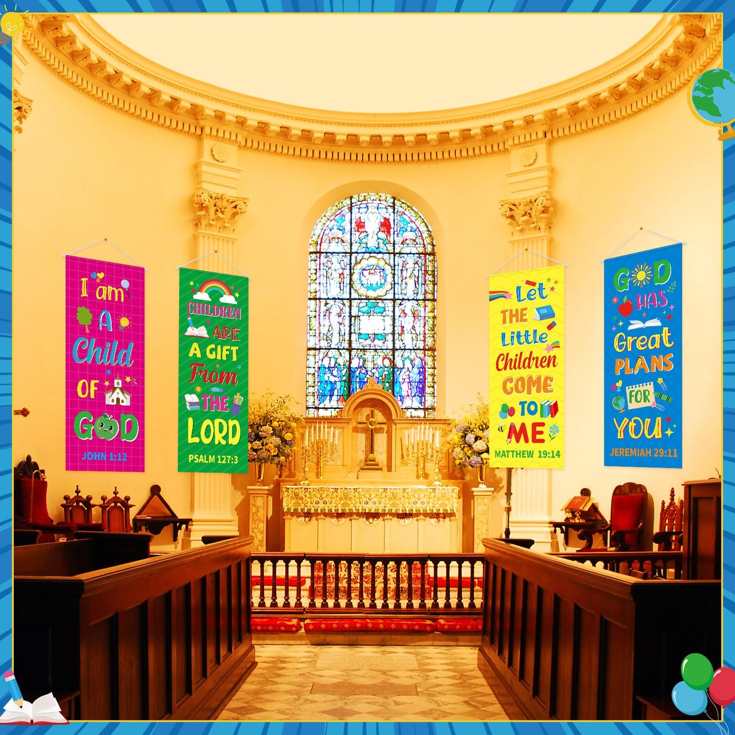 Panelee 4 Pcs Church Banners for Sanctuary Wall Rainbow Cartoon Church Banners with Scripture Inspirational Religious Praise Bible Verses Hanging Backdrop Signs for Sunday School Worship Decoration