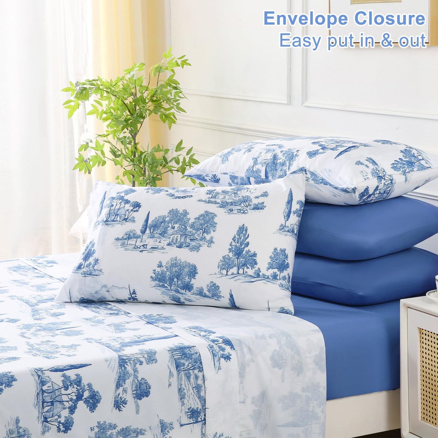Botanical 6-Piece Full Size Sheets Set, Boho Floral Print Brushed Microfiber Sheets, Cooling Bed Sheet Set, Ultra Soft & Breathable, 16' Deep Pocket Fitted Sheet & Pillowcase Set, Blue Floral
