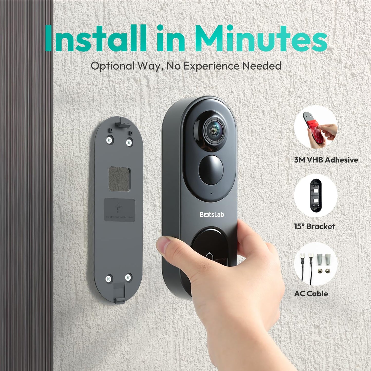 BOTSLAB 5MP Wireless Video Doorbell Camera, No Monthly Fee, 5GHz WiFi, 180° Head-to-Toe View, AI Motion Detection, VR Mode, Battery or Wired Powered, Easy Installation, Weatherproof