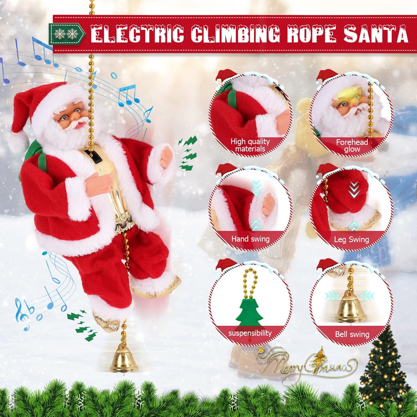 Gfilay 2025 Upgraded Climbing Santa Claus on Rope, Animated Electric Musical Christmas Ornament with 3 Modes, Secure Tree Hook & Reinforced White PVC Case, Heartwarming Holiday Decoration Gift