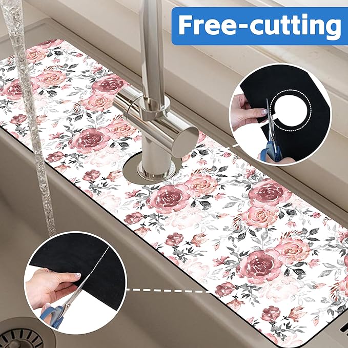 Pink Rose Floral Kitchen Sink Splash Guard Mat Absorbent Fast Drying Mat Faucet