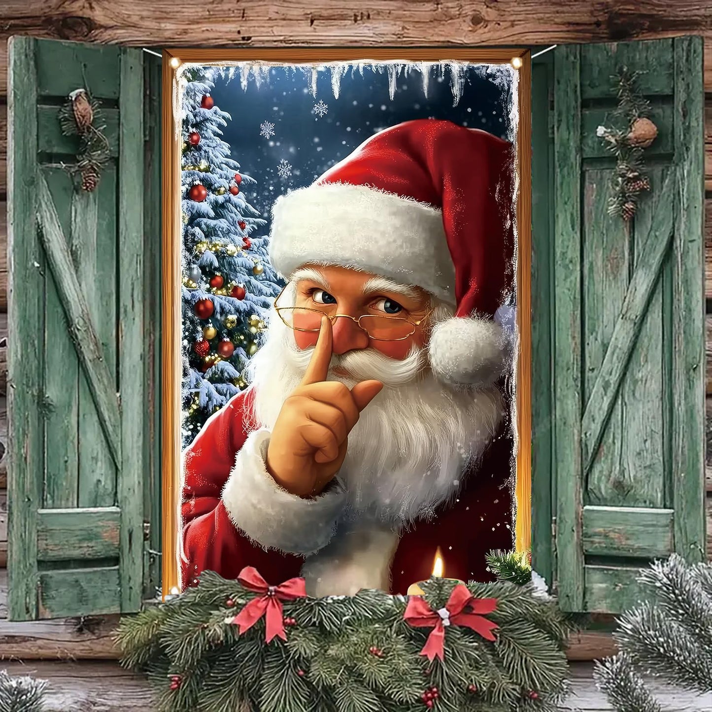 Saoplasa Christmas Window Cover Santa Claus Silent Night Decor Snowy Tree Candle Light Holiday Window Art Panel for Home Living Room Indoor Xmas Decoration 47x31 Inch Winter Wall Hanging Curtain