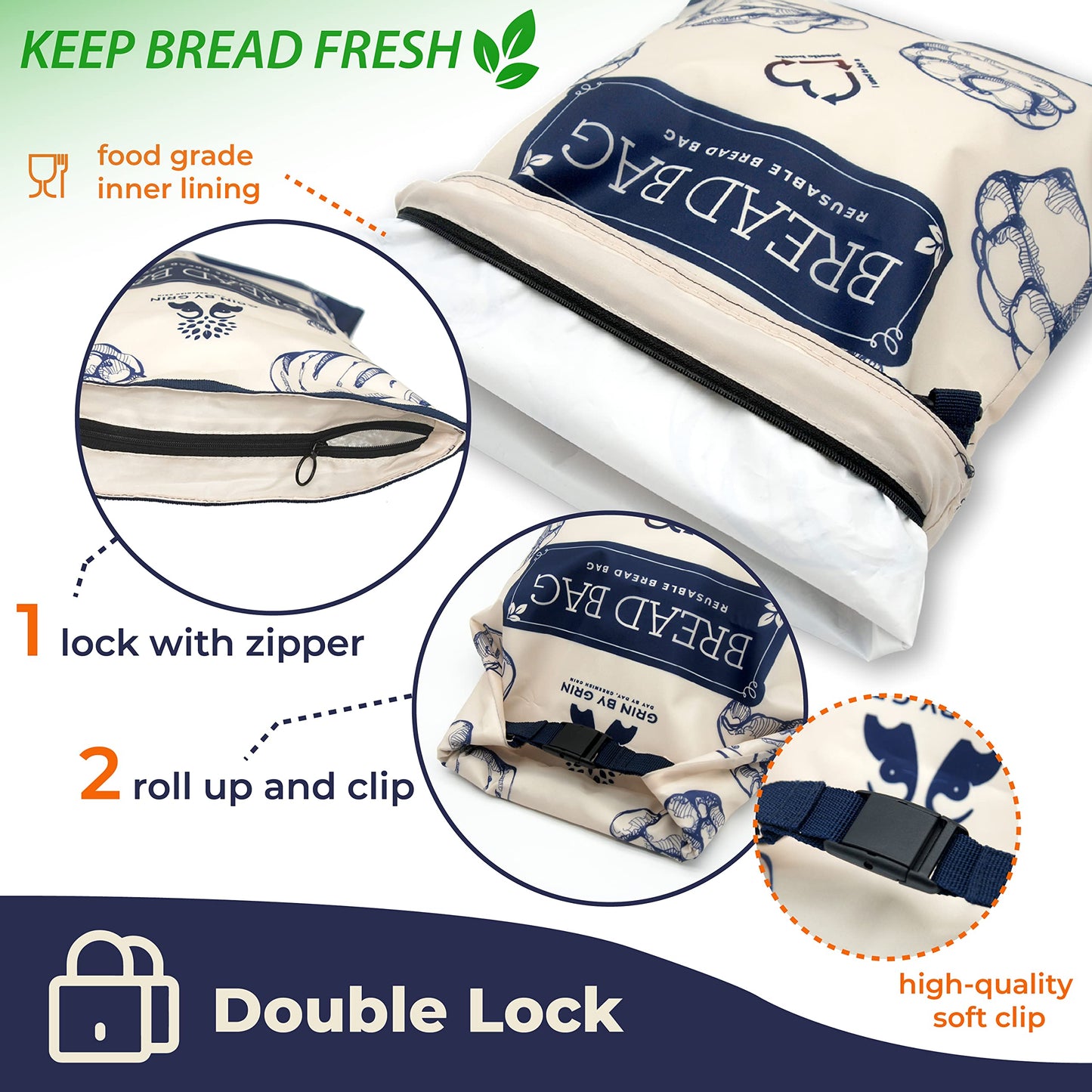 GRIN BY GRIN- 2 Packs Bread Bags, Zipper Reusable Bread Bags for Homemade Loaf, Freezer Sourdough Container, Fresh Keeping Extra Large, Reusable Food Storage Bag