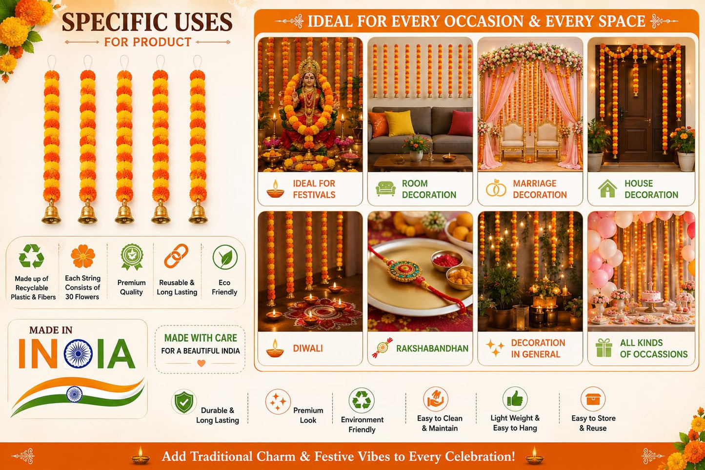 Arts Of India Handmade Artificial Marigold Flowers Garland for Decoration Door Toran Genda Phool for Diwali Wedding/Festivals with Bells Pack of 5