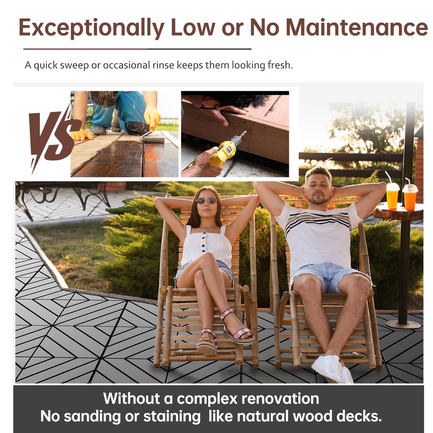 EchoDeck Interlocking Deck Tiles,54 Pack Patio Tiles Outdoor Interlocking All Weather,Patio Deck Tiles,12"x12",Diagonal,Sturdy Base,Highly Durable,Stylish,Non-Slip,Faster-Drying,Efficient,Dark Grey
