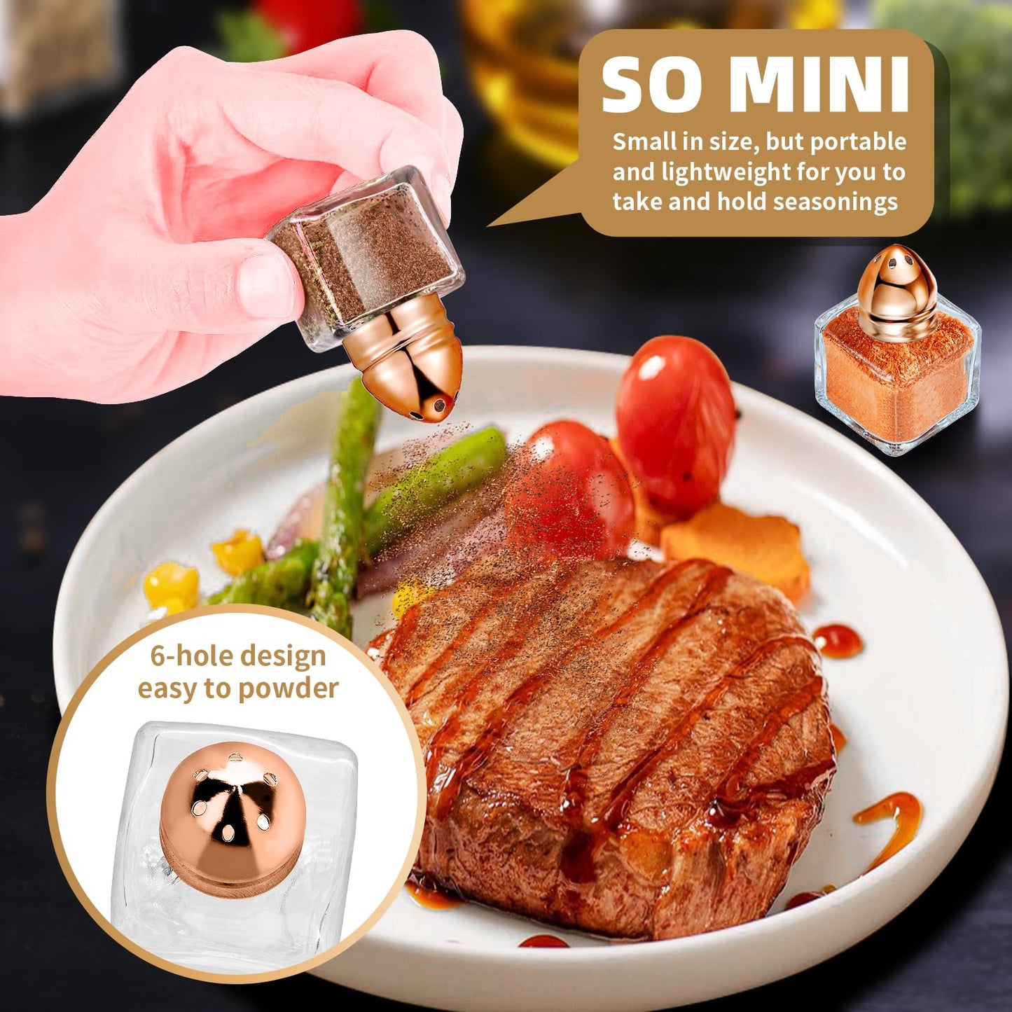 12 Pcs 0.5 oz Cube Shape Small Salt and Pepper Shakers Clear Mini Glass Seasoning Jars Spice Salt Shakers with Funnel and Storage Rack for Wedding Party Restaurant Home Kitchen (Rose Gold)