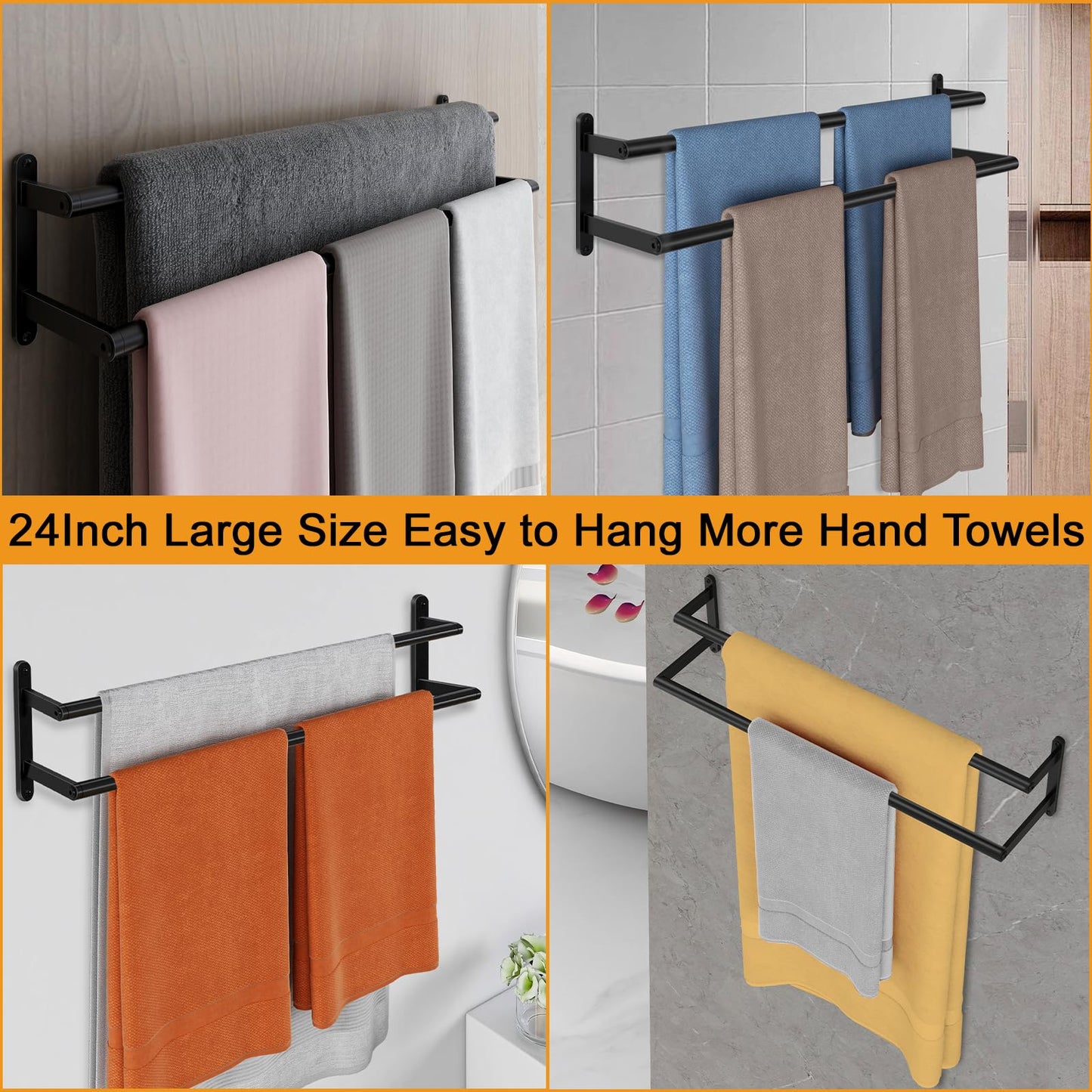 JIAPAIDUO Double Towel Bar, 24Inch Towel Rack for Bathroom, Stainless Steel Double Bath Towel Bar, Wall Mounted Towel Holder, Double Towel Rod Towel Rail Hanger for Wall, Kitchen (Matte Black)